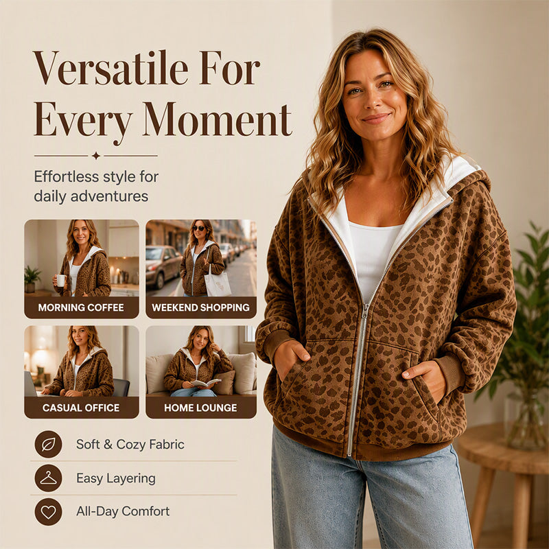 🐆 Wild Detail, Easy Style | Women's Leopard Print Zip-Up Hoodie