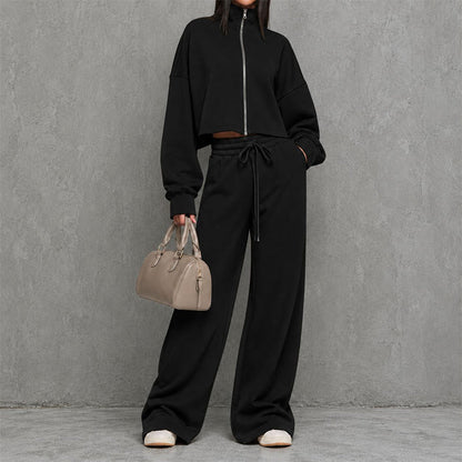 Women's Crop Zipper Top & Wide-Leg Pants Set