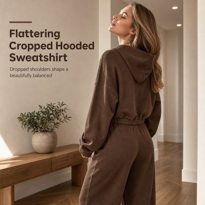 Women's Casual Soft Knit Two-Piece Lounge Set with Hooded Zip-Up Sweatshirt and Wide-Leg Pants