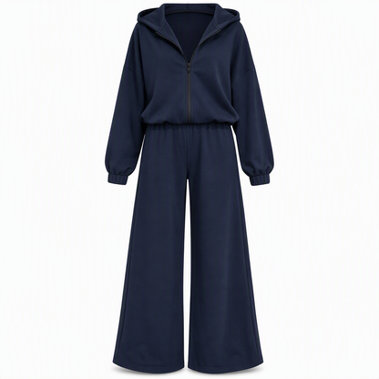 Women's Casual Soft Knit Two-Piece Lounge Set with Hooded Zip-Up Sweatshirt and Wide-Leg Pants