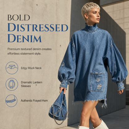 Women's Oversized Denim Mock Neck Mini Dress
