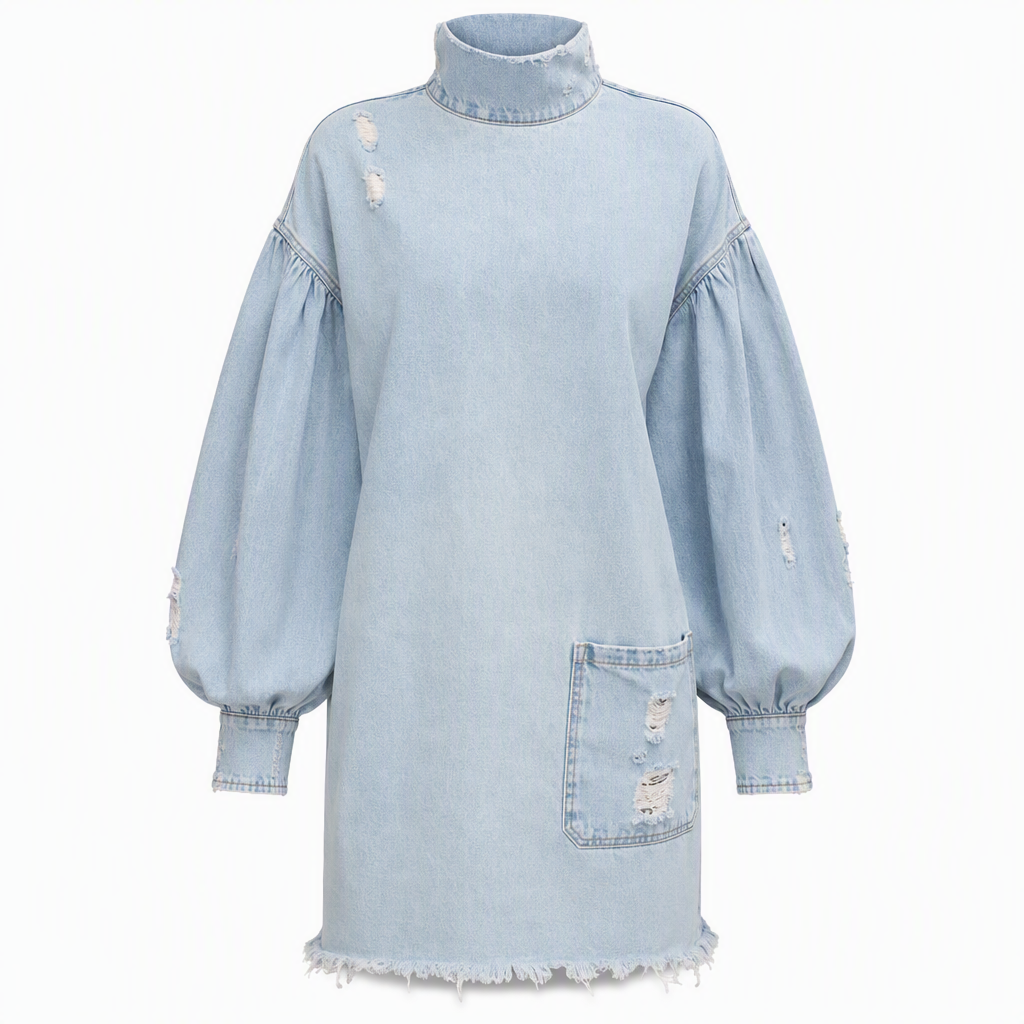 Women's Oversized Denim Mock Neck Mini Dress