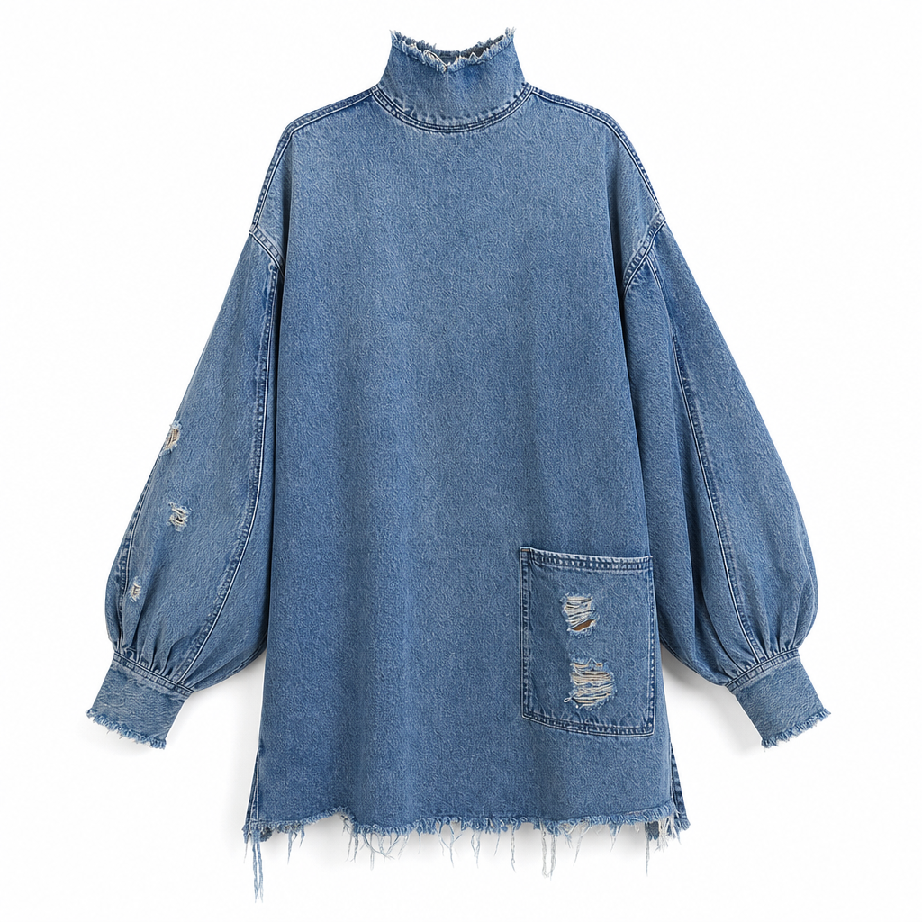 Women's Oversized Denim Mock Neck Mini Dress