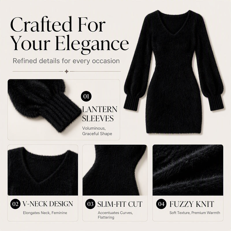 👗Women's V-Neck Fuzzy Knit Mini Dress