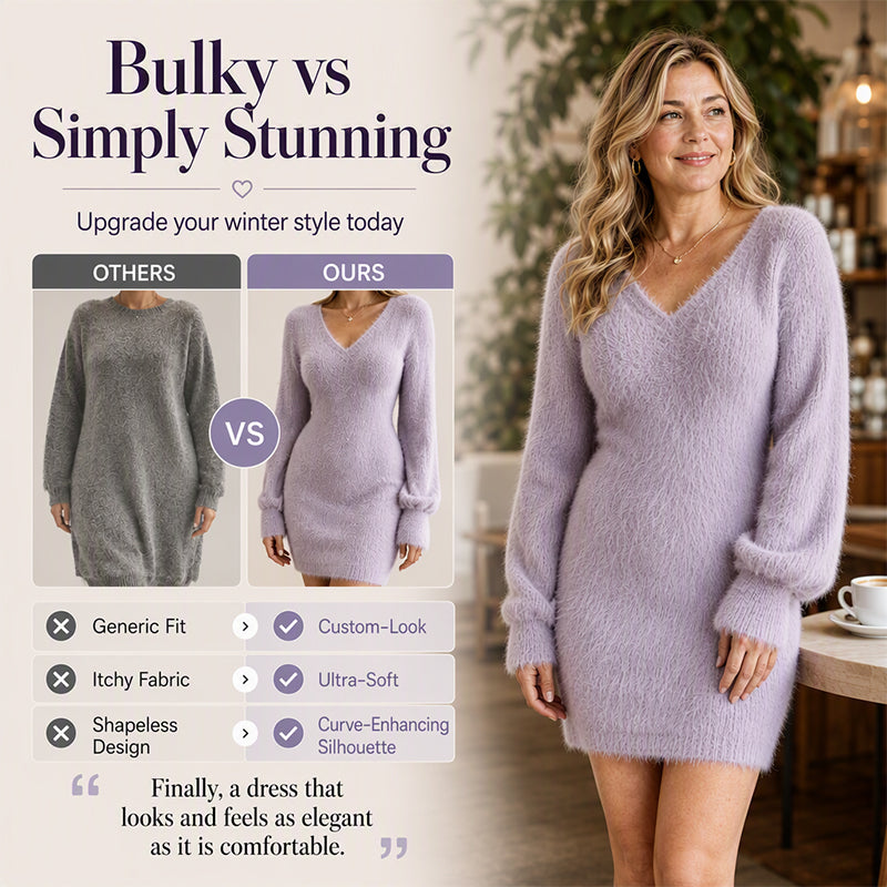 👗Women's V-Neck Fuzzy Knit Mini Dress
