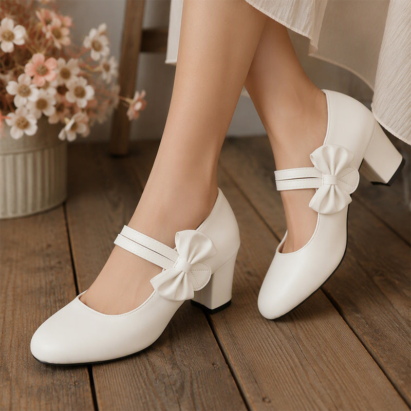 Women's Elegant Chunky Heel Shoes with Bow Strap