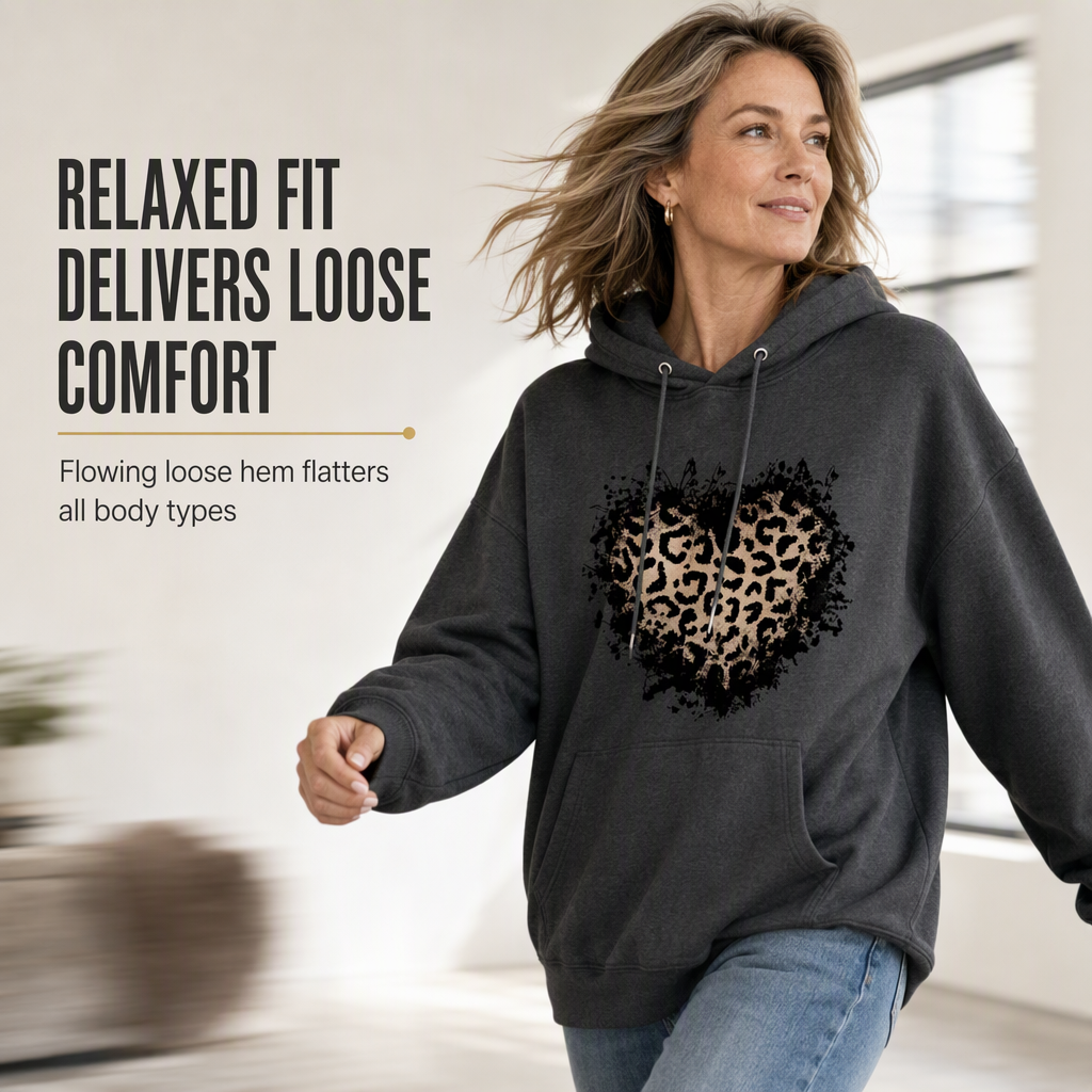 Women's Casual Fleece Hoodie with Leopard Heart Graphic and Kangaroo Pocket