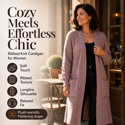 ✨ Effortless Layering | Women’s Ribbed Knit Long-Line Cardigan