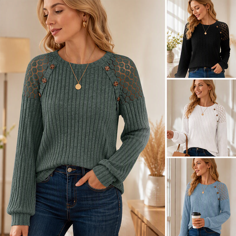 🌸 Lace Detail, Easy Elegance | Women's Ribbed Knit Patchwork Long-Sleeve Top