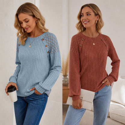 🌸 Lace Detail, Easy Elegance | Women's Ribbed Knit Patchwork Long-Sleeve Top
