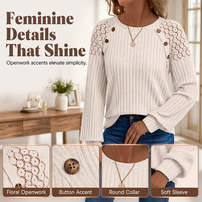 🌸 Lace Detail, Easy Elegance | Women's Ribbed Knit Patchwork Long-Sleeve Top