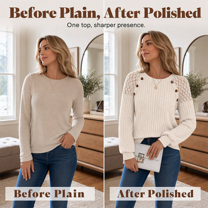 🌸 Lace Detail, Easy Elegance | Women's Ribbed Knit Patchwork Long-Sleeve Top