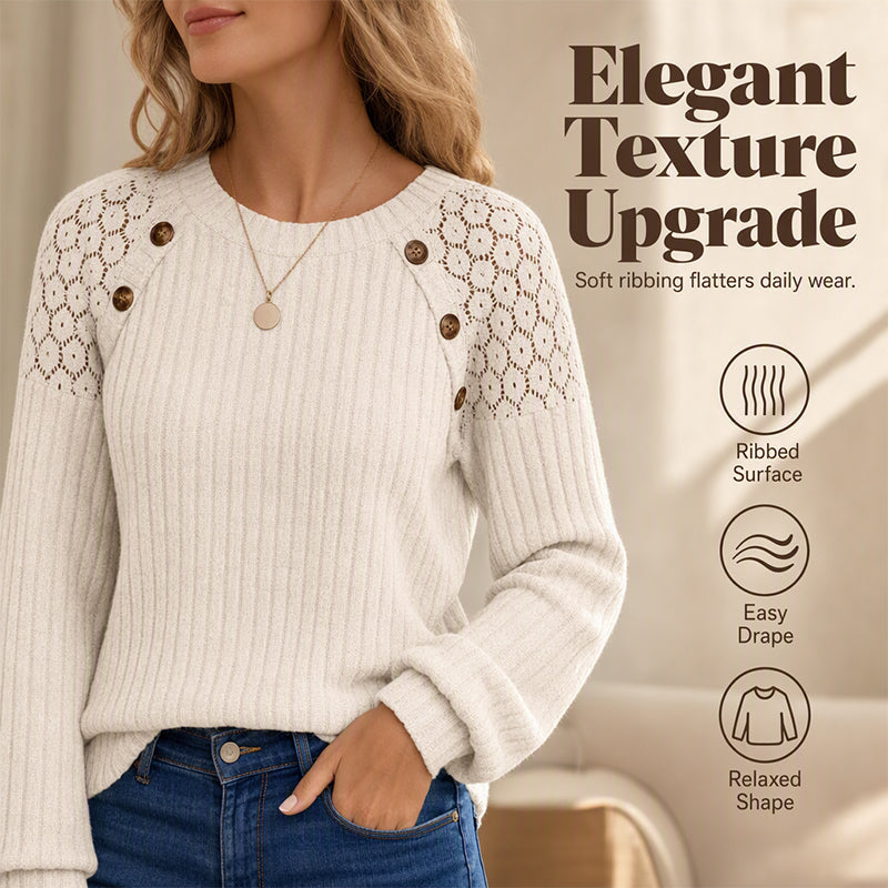 🌸 Lace Detail, Easy Elegance | Women's Ribbed Knit Patchwork Long-Sleeve Top