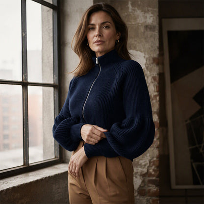 🖤Black Friday Sale:42% OFF🖤😎Women's Lantern Sleeve Zip-Up Knit Sweater