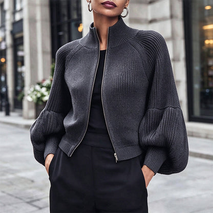 🖤Black Friday Sale:42% OFF🖤😎Women's Lantern Sleeve Zip-Up Knit Sweater