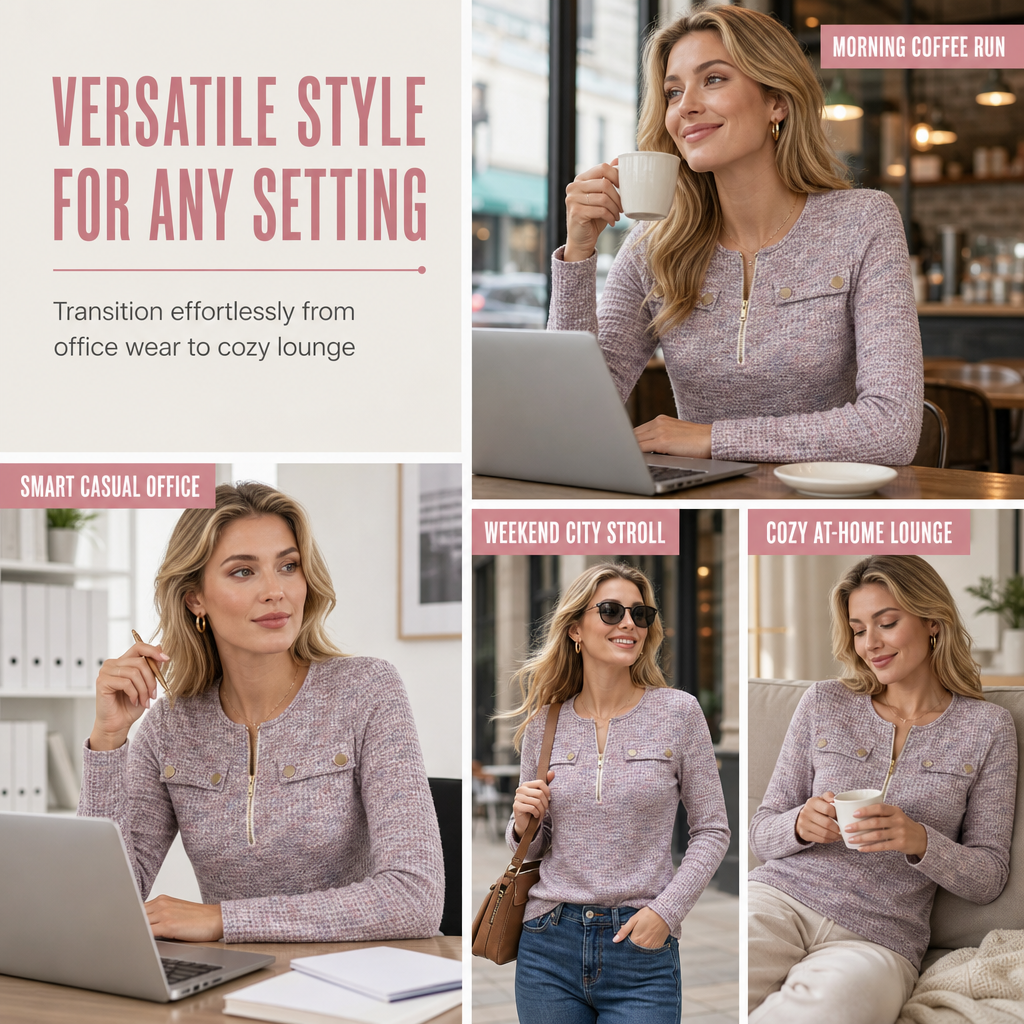 🌸Hot Sale 40% OFF💖Women's Long Sleeve V-Neck Half Zip Knit Top