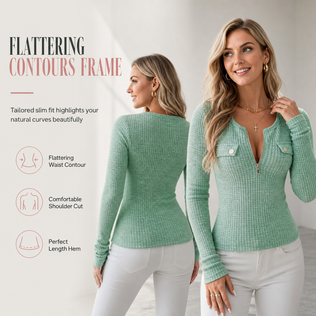 🌸Hot Sale 40% OFF💖Women's Long Sleeve V-Neck Half Zip Knit Top