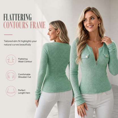 🌸Hot Sale 40% OFF💖Women's Long Sleeve V-Neck Half Zip Knit Top