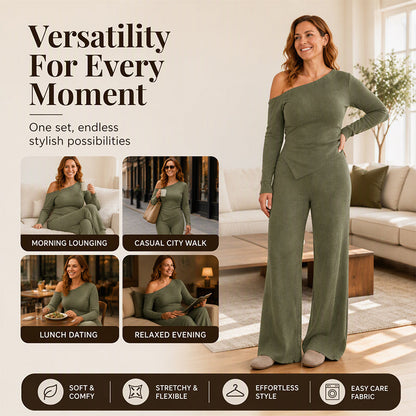 🌸Hot Sale 50% OFF💖Women's Off-Shoulder Long Sleeve Top & Wide-Leg Pants Set