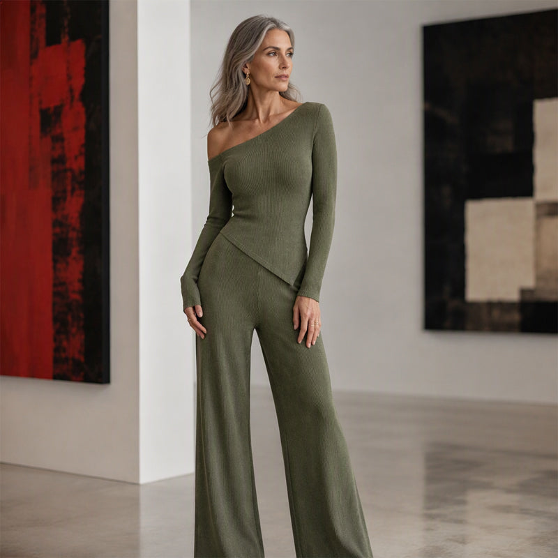 🌸Hot Sale 50% OFF💖Women's Off-Shoulder Long Sleeve Top & Wide-Leg Pants Set