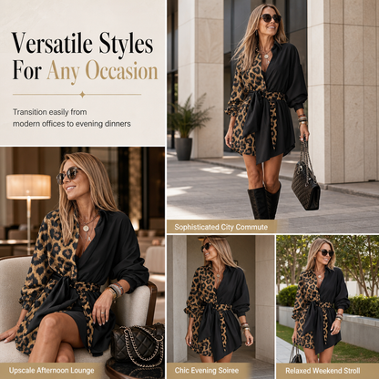 Women's Leopard Print Contrast Patchwork Long Sleeve Shirt Mini Dress with Belt
