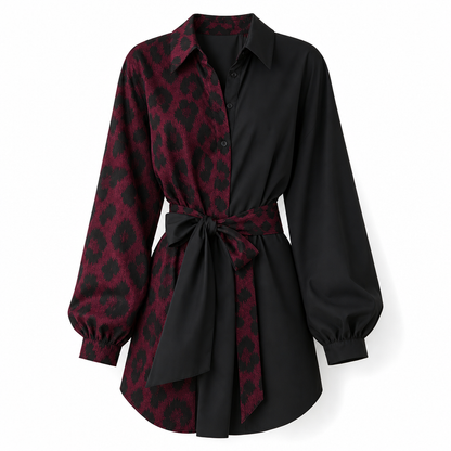 Women's Leopard Print Contrast Patchwork Long Sleeve Shirt Mini Dress with Belt