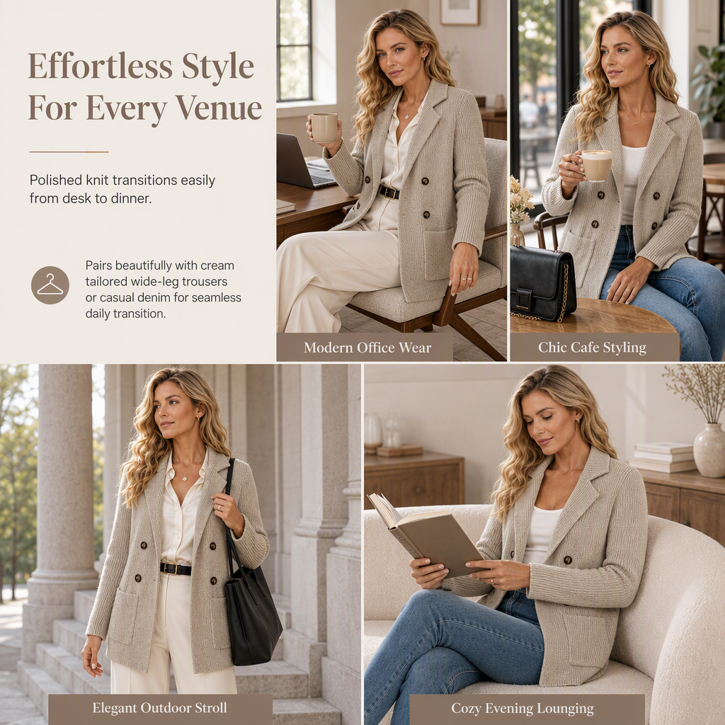 Premium Double-Breasted Knit Blazer, Elegant Ribbed Knit Jacket for Women, Casual-Formal Outerwear for the Office and Home