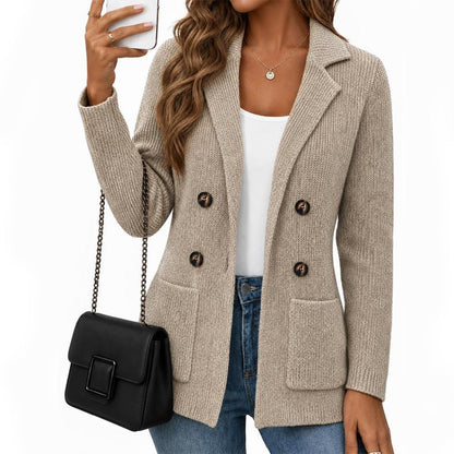 Premium Double-Breasted Knit Blazer, Elegant Ribbed Knit Jacket for Women, Casual-Formal Outerwear for the Office and Home