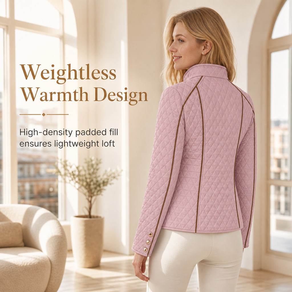 Women's Lightweight Quilted Padded Zipper with Stand Collar for Spring and Winter