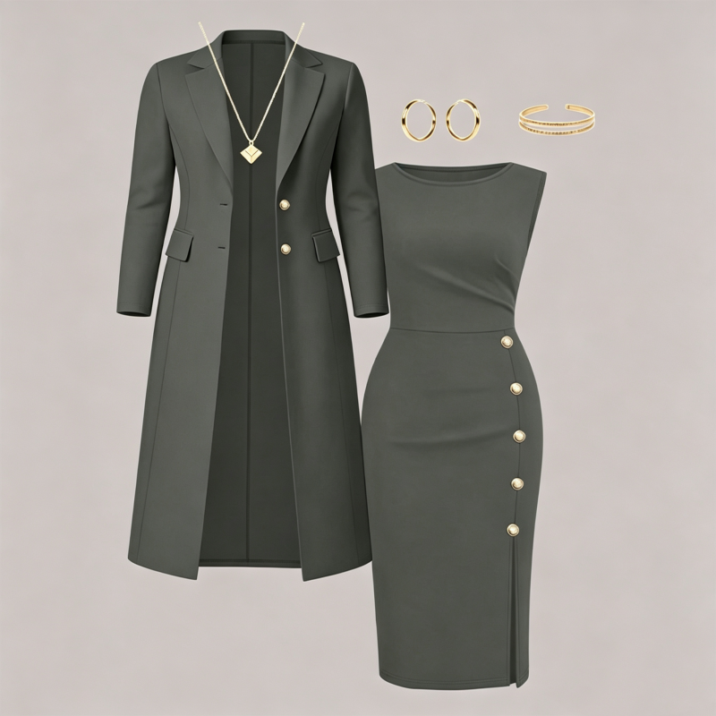 Women's Elegant Long Blazer & Sleeveless Dress Set