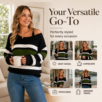 A Little Shoulder, A Lot of Charm! Women's Casual Off-Shoulder Striped Knit Sweater — Where Playful Neckline Details Meet Classic Stripes, Bringing a Beautifully Feminine Touch to Your Favorite Everyday Outfits
