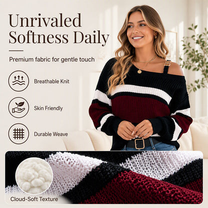 A Little Shoulder, A Lot of Charm! Women's Casual Off-Shoulder Striped Knit Sweater — Where Playful Neckline Details Meet Classic Stripes, Bringing a Beautifully Feminine Touch to Your Favorite Everyday Outfits