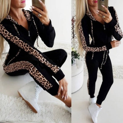 Women's Leopard Print Long Sleeve Zipper Sweatshirt and Pants Set