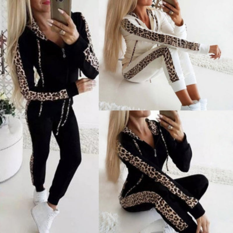 Women's Leopard Print Long Sleeve Zipper Sweatshirt and Pants Set