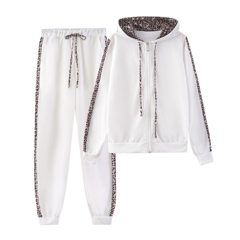 Women's Leopard Print Long Sleeve Zipper Sweatshirt and Pants Set