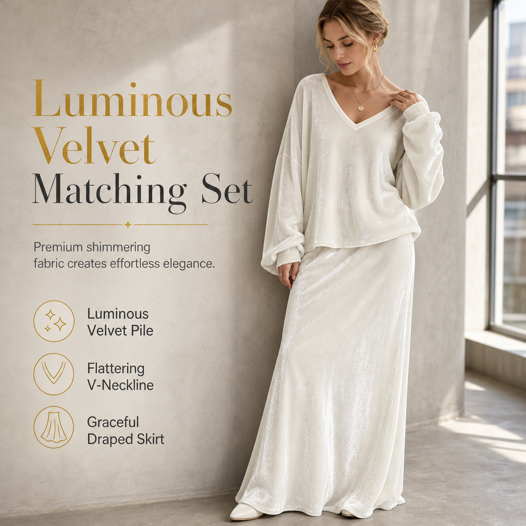 Women's Solid Color Velvet Two Piece Set with Deep V Neck Loose Sweatshirt and Flared Maxi Skirt