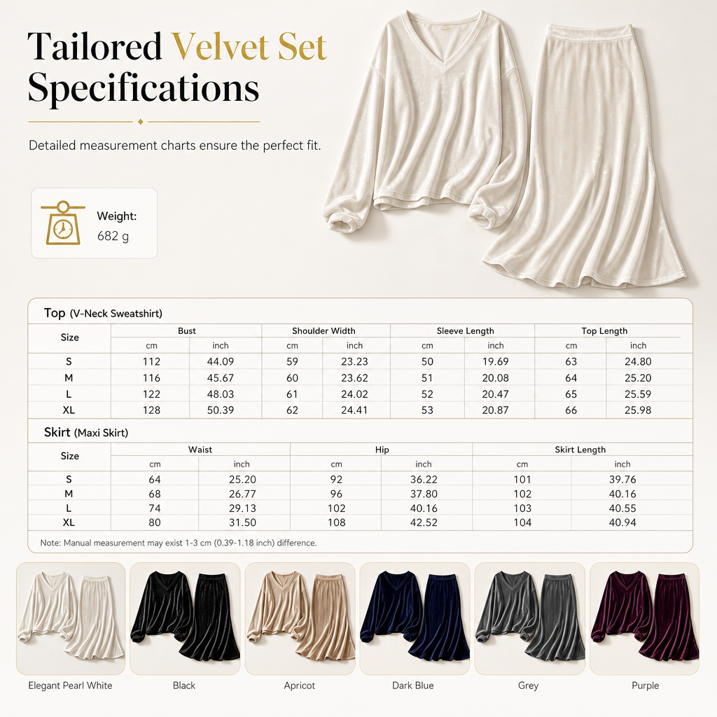 Women's Solid Color Velvet Two Piece Set with Deep V Neck Loose Sweatshirt and Flared Maxi Skirt