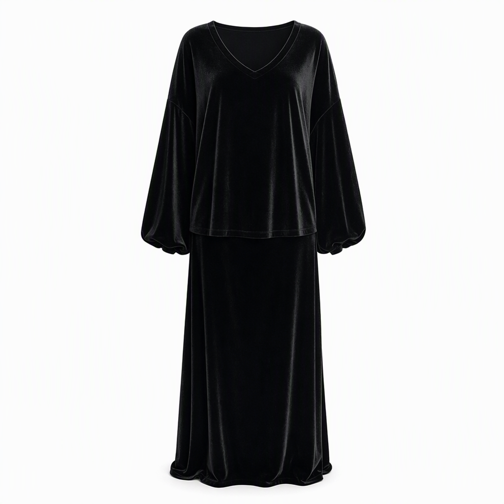 Women's Solid Color Velvet Two Piece Set with Deep V Neck Loose Sweatshirt and Flared Maxi Skirt