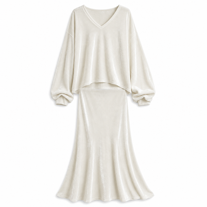 Women's Solid Color Velvet Two Piece Set with Deep V Neck Loose Sweatshirt and Flared Maxi Skirt