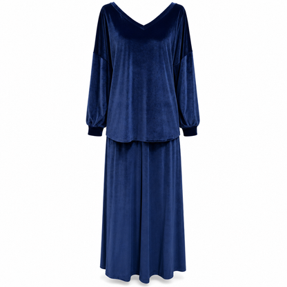 Women's Solid Color Velvet Two Piece Set with Deep V Neck Loose Sweatshirt and Flared Maxi Skirt