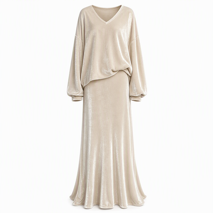 Women's Solid Color Velvet Two Piece Set with Deep V Neck Loose Sweatshirt and Flared Maxi Skirt