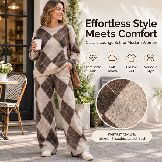 ✨ Women's Argyle Knit Sweater & Wide-Leg Pants 2-Piece Set – Soft, Breathable Knit, Classic Diamond Pattern & Relaxed Comfort for Chic Everyday Outfits! 🍂