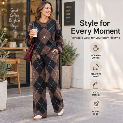 ✨ Women's Argyle Knit Sweater & Wide-Leg Pants 2-Piece Set – Soft, Breathable Knit, Classic Diamond Pattern & Relaxed Comfort for Chic Everyday Outfits! 🍂