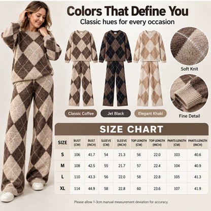 ✨ Women's Argyle Knit Sweater & Wide-Leg Pants 2-Piece Set – Soft, Breathable Knit, Classic Diamond Pattern & Relaxed Comfort for Chic Everyday Outfits! 🍂