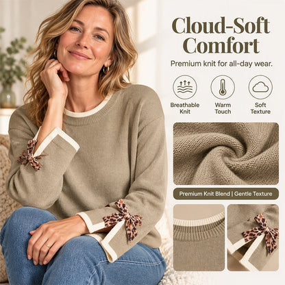 Women's Crewneck Sweater with Leopard Bow Cuffs