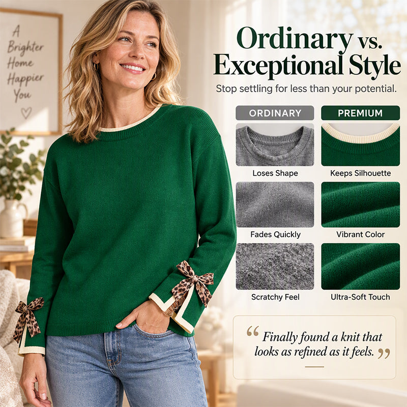 Women's Crewneck Sweater with Leopard Bow Cuffs