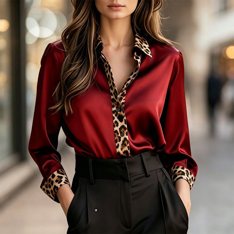 ✨Silky Satin, Elegant Comfort – Women's Leopard Patchwork Blouse ✨