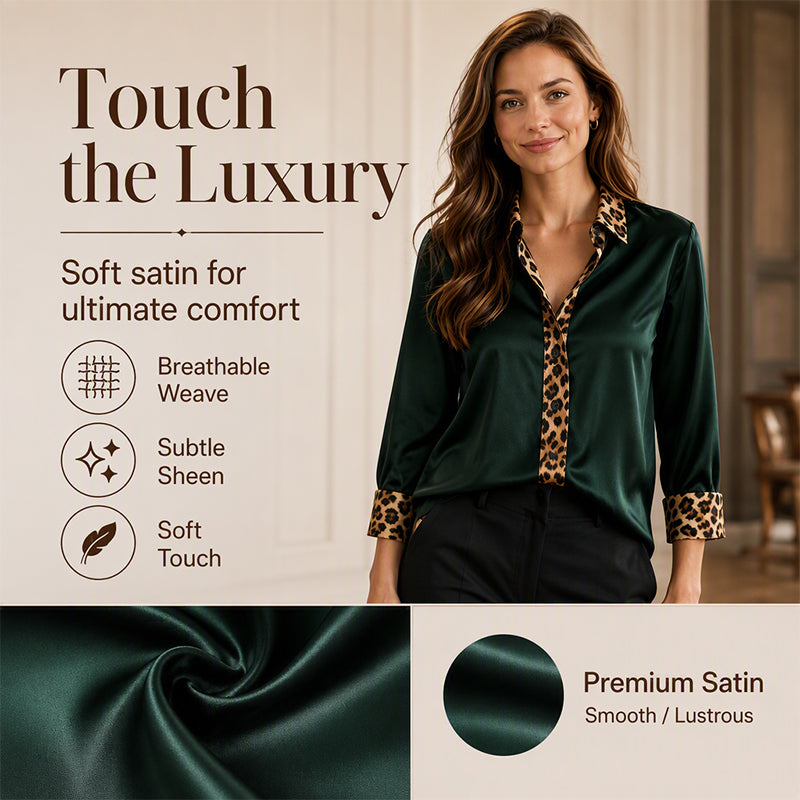 ✨Silky Satin, Elegant Comfort – Women's Leopard Patchwork Blouse ✨