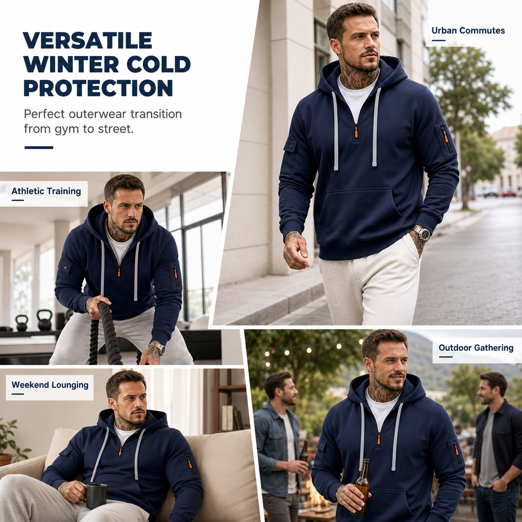 Men's Heavyweight Fleece Lined Hooded Sweatshirt Loose Fit Casual Workwear for Autumn and Winter