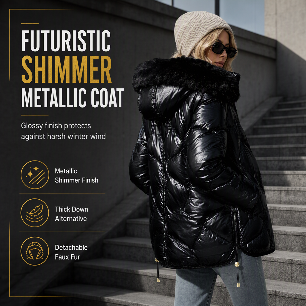 🖤Free Shipping + 50% OFF🔥Women's Glossy Pearlescent Hooded Cotton Padded with Fur Collar Slim Fit Winter Coat